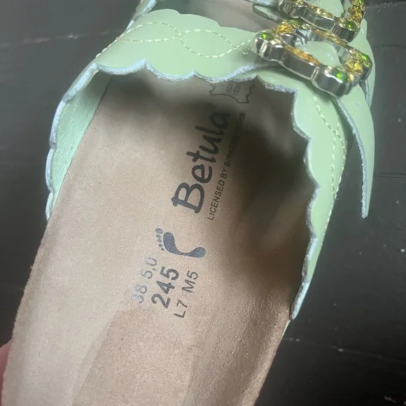 Betula Green Scalloped Slide Sandals with Gem Buckles - Picture 4 of 6